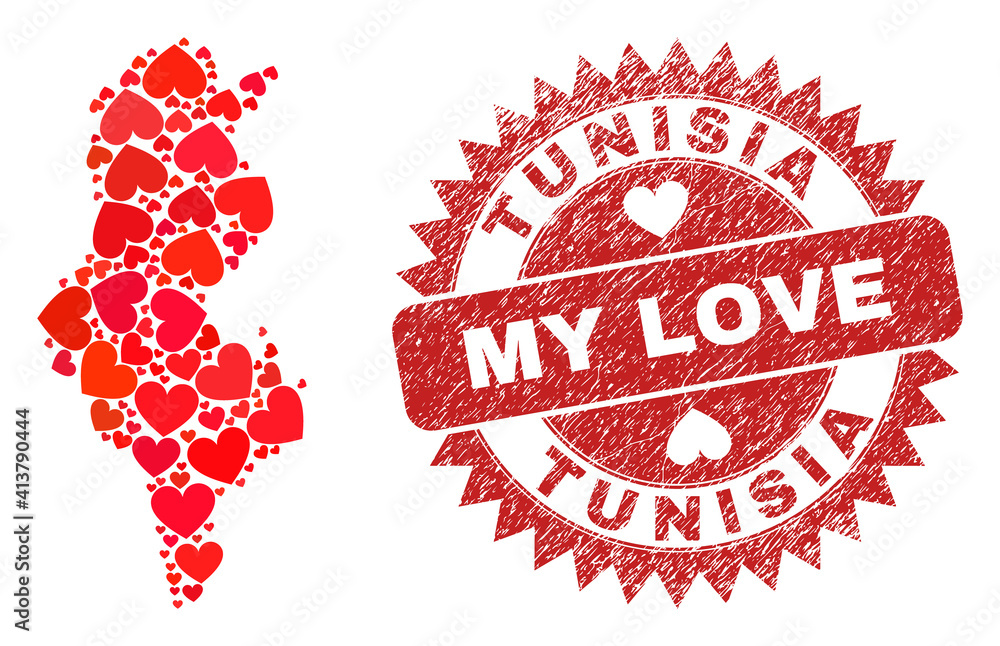 Vector mosaic Tunisia map of lovely heart items and grunge My Love seal. Mosaic geographic Tunisia map designed with valentine hearts. Red rosette stamp with grunge rubber texture and my love text. Vector mosaic Tunisia map of lovely heart items and grunge My Love seal. Mosaic geographic Tunisia map designed with valentine hearts. Red rosette stamp with grunge rubber texture and my love text.