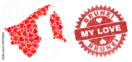 Vector mosaic Brunei map of love heart items and grunge My Love badge. Mosaic geographic Brunei map created using love hearts. Red rosette imprint with grunge rubber texture and my love text.