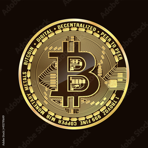 Vector drawing, golden bitcoin coin on black background