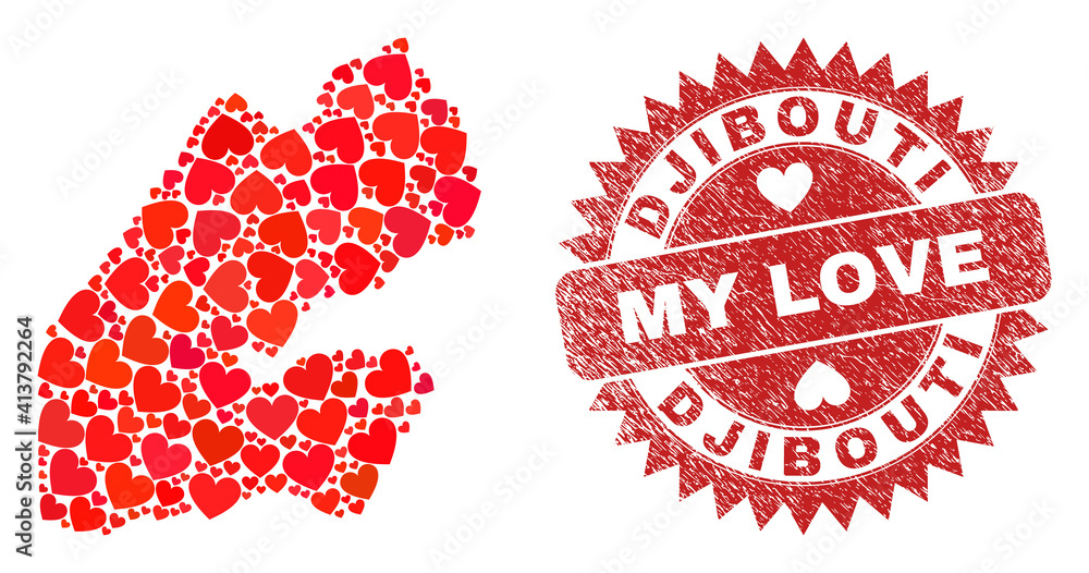 Vector collage Djibouti map of love heart elements and grunge My Love seal. Collage geographic Djibouti map created with lovely hearts. Red rosette imprint with grunge rubber texture and my love text. Vector collage Djibouti map of love heart elements and grunge My Love seal. Collage geographic Djibouti map created with lovely hearts. Red rosette imprint with grunge rubber texture and my love text.