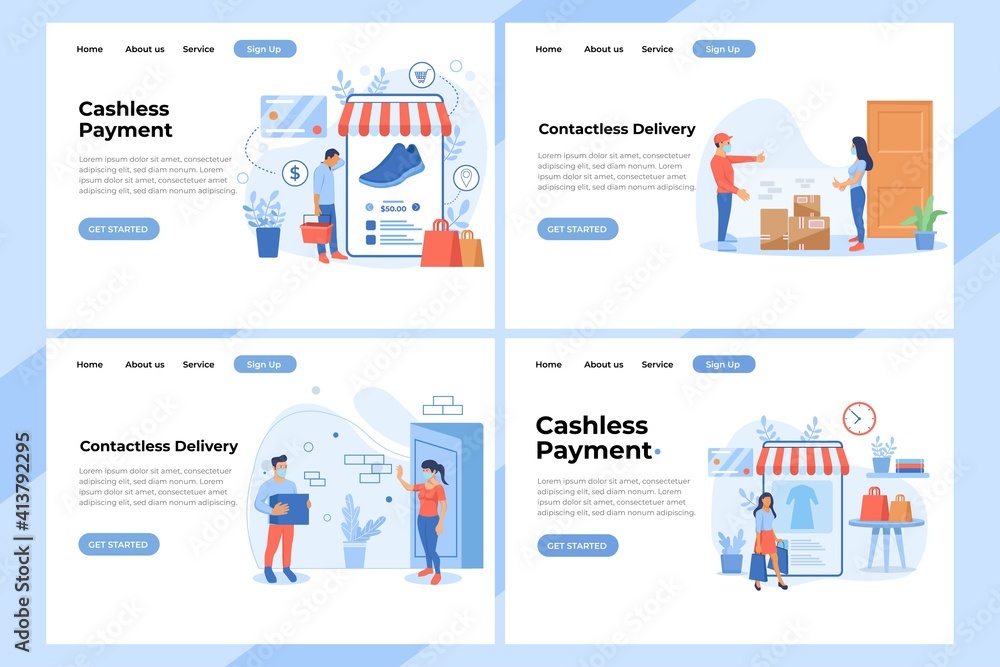 Set of Landing page design templates for Online Shopping, Delivery service, Drone delivery and Track your shipment. Easy to edit and customize. Modern Vector illustration concepts for websites