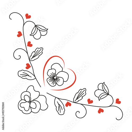 Fototapeta Naklejka Na Ścianę i Meble -  Pansy flowers, heart, curls, Valentine's Day ornament. Hand-drawn vector. A symbol of romance, love, wedding. Design element for corner decoration. Use for greeting cards, fabric printing, sublimation