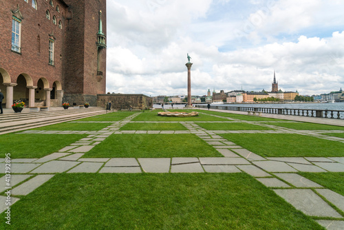 Stockholm red town hall garden in summer empty during corona photo