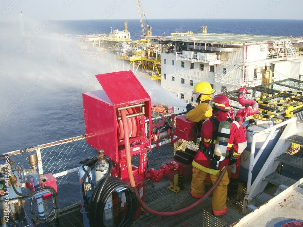 Fire drill training on board for the crew in ship on offshore plant