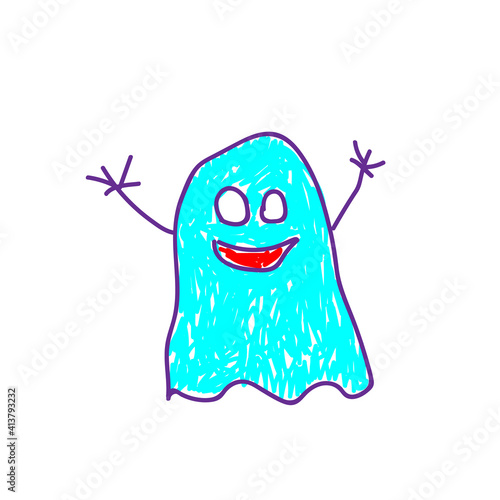 Cute ghost in a deliberately childish style. Child drawing. Sketch imitation painting felt-tip pen or marker. Vector illustration