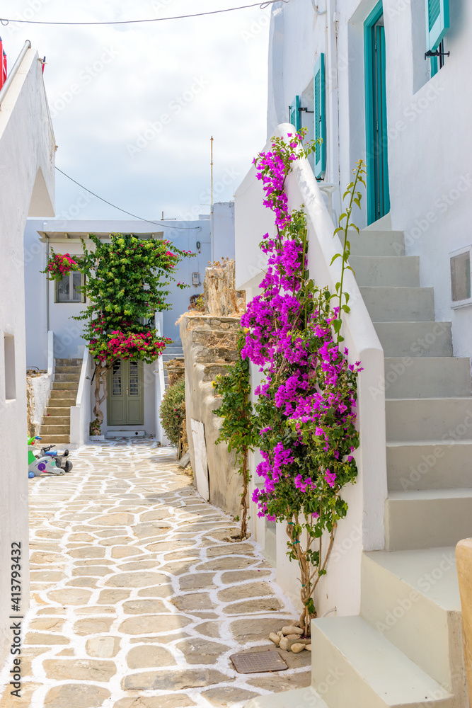 Traditional Cycladitic alley with a narrow street, whitewashed houses and a blooming bougainvillea in Parikia, Paros island, Greece.