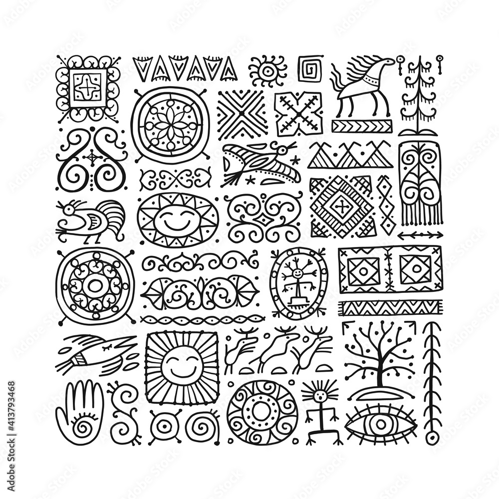 Ethnic mexican decor. Handmade background for your design. Tribal tattos elements