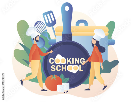 Culinary master class online. Cooking school - text on kitchen frying pan. Tiny chef in hat with kitchen tools and foods. Modern flat cartoon style. Vector illustration on white background