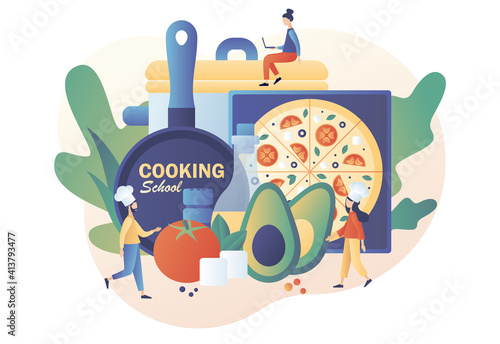 Culinary master class online. Tiny people in hat with kitchen tools and foods. Cooking school - text on kitchen frying pan. Modern flat cartoon style. Vector illustration on white background
