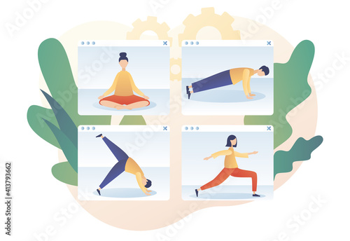 Tiny people in asanas practicing hatha yoga and meditation. Yoga online classes. Stay home concept. Modern flat cartoon style. Vector illustration on white background