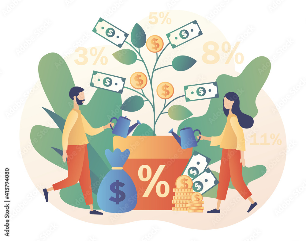 Money tree as metaphor for deposit. Business investment profit. Bank account and security, banking. Tiny people longterm money saving and invest finance. Modern flat cartoon style. Vector illustration