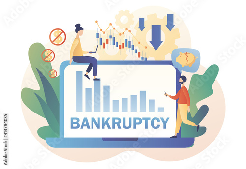 Tiny businessmen with economical loan payback problem, investment failure and budget collapse. Business bankruptcy. Financial crisis. Modern flat cartoon style. Vector illustration on white background