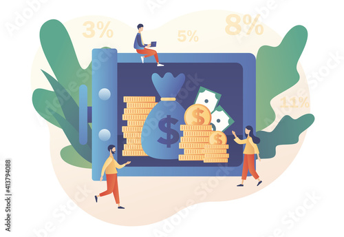 Tiny people put money in bank safe with dollars. Deposit concept. Longterm money saving finance. Bank account, banking, bank security, safety. Modern flat cartoon style. Vector illustration