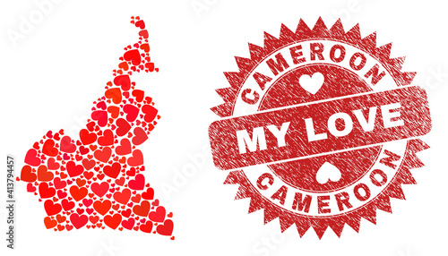 Vector collage Cameroon map of lovely heart elements and grunge My Love badge. Collage geographic Cameroon map created with lovely hearts.
