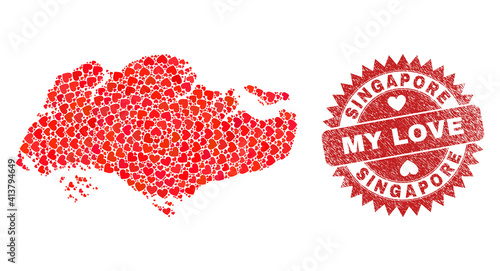 Vector collage Singapore map of love heart elements and grunge My Love stamp. Collage geographic Singapore map constructed using love hearts.