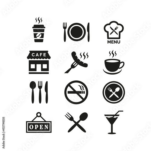 Restaurant and cafe icons set on white background.