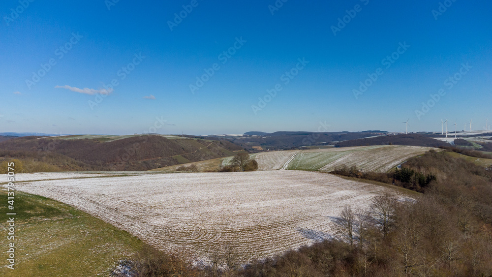 Aerial view of the landscape near the town of Meisenheim in winter with snow