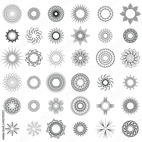 Set Abstract Collection Starburst Black Line Doodle Design Elements Vector