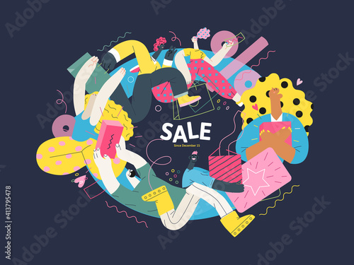 Discounts, sale, promotion vignette - modern flat vector concept illustration of people crowd running in the pursuit of the discounts, with a big percent sign on the background