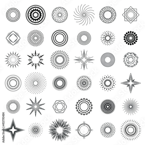 Set Abstract Collection Starburst Black Line Doodle Design Elements Vector