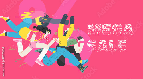 Discounts, sale, promotion - modern flat vector concept illustration of people crowd running in the pursuit of the discounts, with a big percent sign on the background. Mega sale