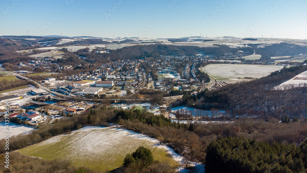 Aerial view of the city Meisenheim in winter
