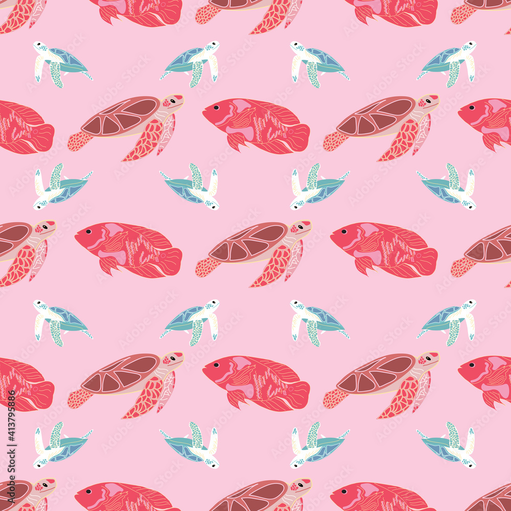 Obraz premium Sea turtles vector repeat pattern-04