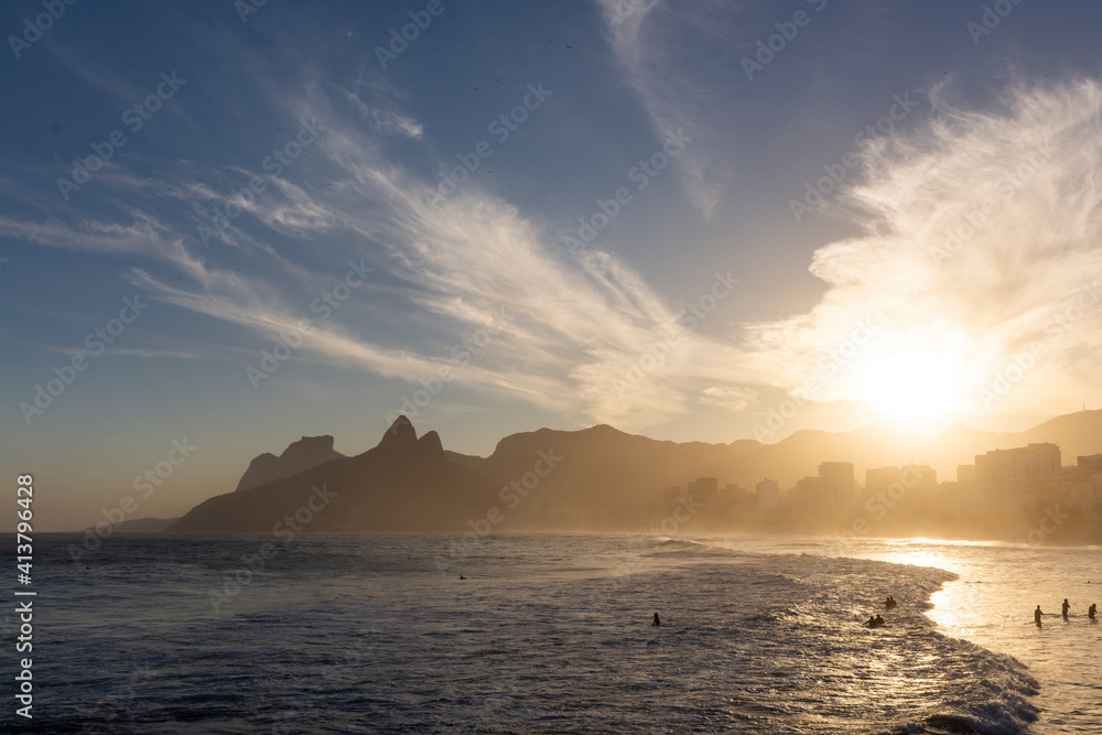Beautiful view from Arpoador to ocean and mountains on the back