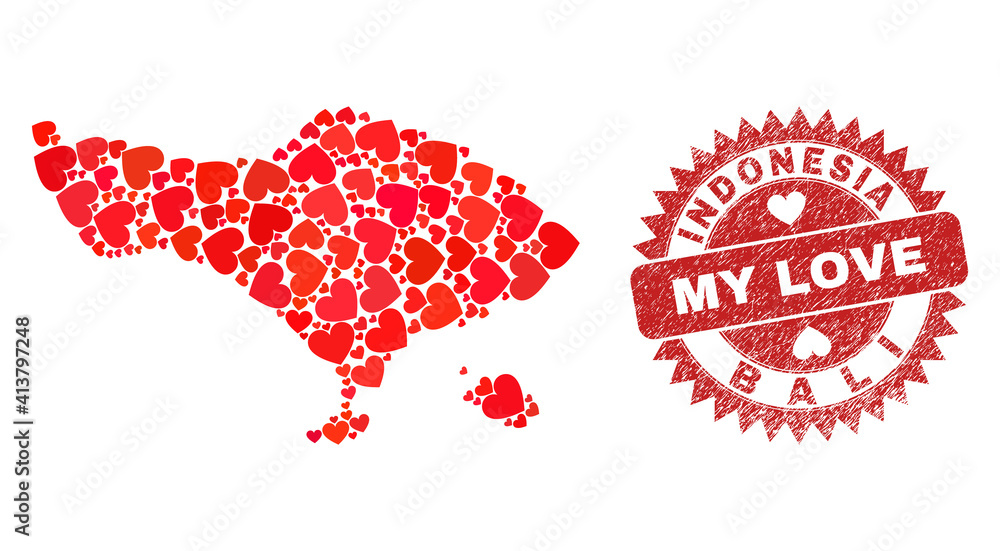Vector collage Bali map of love heart elements and grunge My Love seal stamp. Collage geographic Bali map designed with love hearts. Red rosette seal with scratched rubber texture and my love word. Vector collage Bali map of love heart elements and grunge My Love seal stamp. Collage geographic Bali map designed with love hearts. Red rosette seal with scratched rubber texture and my love word.
