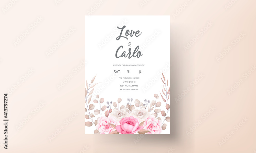 Beautiful soft peach and brown floral wedding invitation template