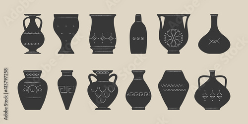 Various ceramic vases. Antique, ancient ceramics. Pottery. Vector flat illustration.
