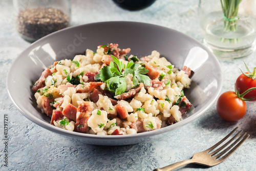 Spaetzle with fried bacon and onion