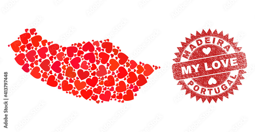 Vector mosaic Madeira map of love heart items and grunge My Love stamp. Collage geographic Madeira map created using love hearts. Red rosette watermark with grunge rubber texture and my love tag. Vector mosaic Madeira map of love heart items and grunge My Love stamp. Collage geographic Madeira map created using love hearts. Red rosette watermark with grunge rubber texture and my love tag.