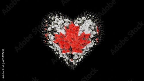 Canada National Day. Canada Day. July 1. Heart shape made out of flowers on black background. 3D rendering.