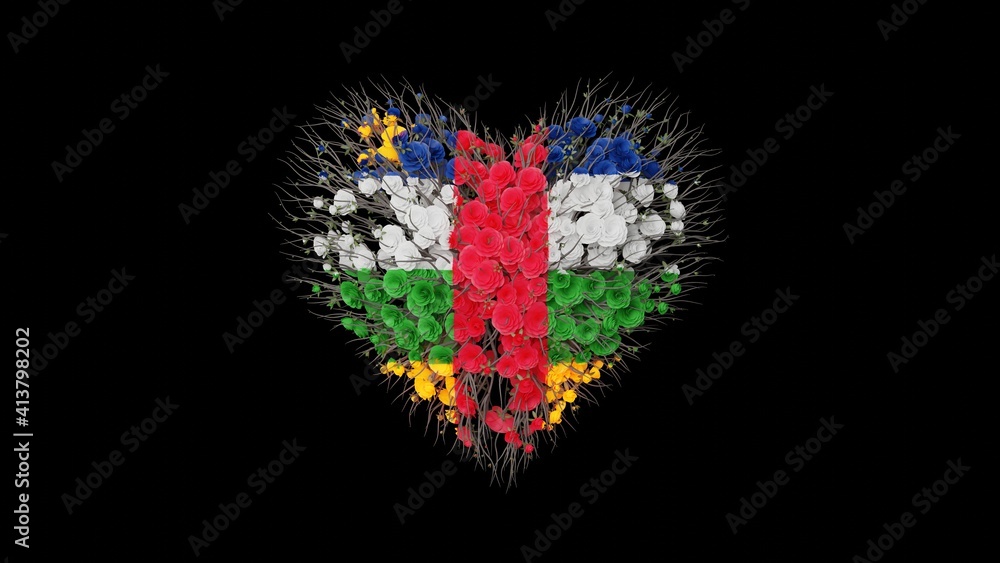 Central African Republic National Day. Independence Day. Heart shape made out of flowers on black background. 3D rendering.