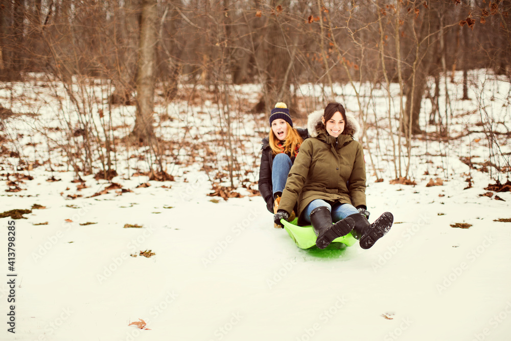 Cheerful friends on toboggan in forest Cheerful friends on toboggan in forest