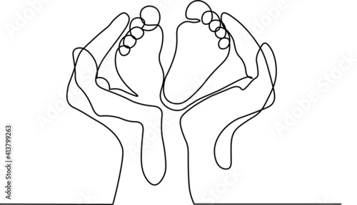 small feet in hands. mom and baby. black and white illustration. logo. icon. love. family. mother and newborn