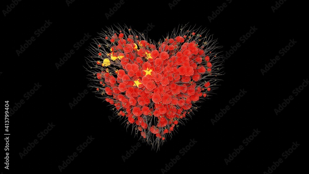 China National Day. October 1. Heart shape made out of flowers on black background. 3D rendering. China National Day. October 1. Heart shape made out of flowers on black background. 3D rendering.