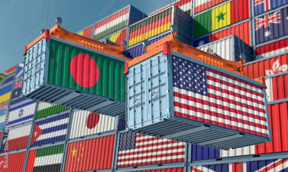 Freight containers with USA and Bangladesh flag. 3D Rendering 