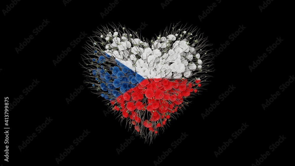 Czech Republic, Independence day. October 28. Heart shape made out of flowers on black background. 3D rendering. Czech Republic, Independence day. October 28. Heart shape made out of flowers on black background. 3D rendering.