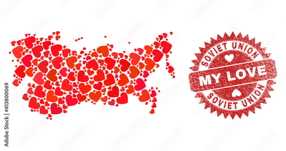 Vector collage Soviet Union map of love heart items and grunge My Love seal stamp. Collage geographic Soviet Union map created with lovely hearts. Vector collage Soviet Union map of love heart items and grunge My Love seal stamp. Collage geographic Soviet Union map created with lovely hearts.