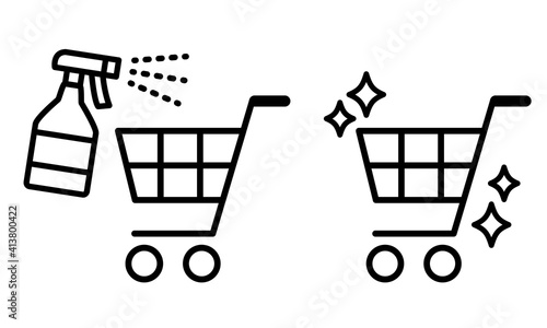 ショッピングカートを消毒する線画アイコン　感染症対策　Shopping Cart Disinfection Icons