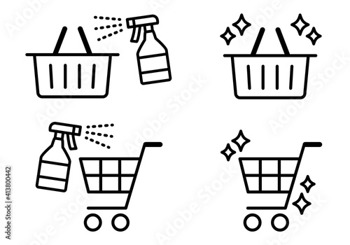 買い物かごとカートを消毒する線画アイコン　感染症対策　Shopping Cart Disinfection Icons