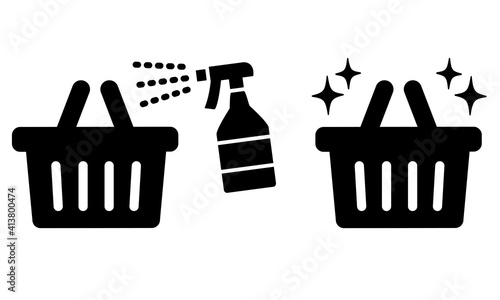 買い物かごを消毒するアイコン　ピクトグラム　感染症対策　Shopping Cart Disinfection Icons