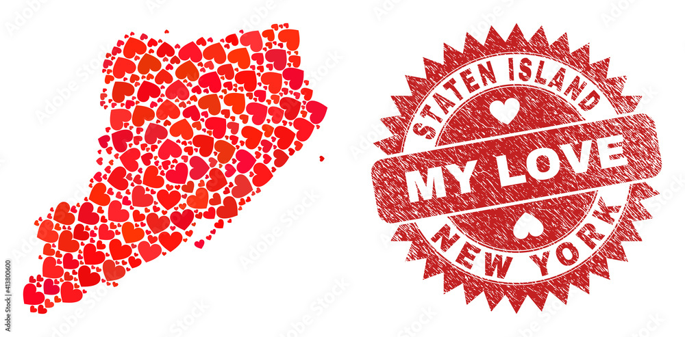 Vector collage Staten Island map of love heart elements and grunge My Love stamp. Collage geographic Staten Island map designed with love hearts. Vector collage Staten Island map of love heart elements and grunge My Love stamp. Collage geographic Staten Island map designed with love hearts.