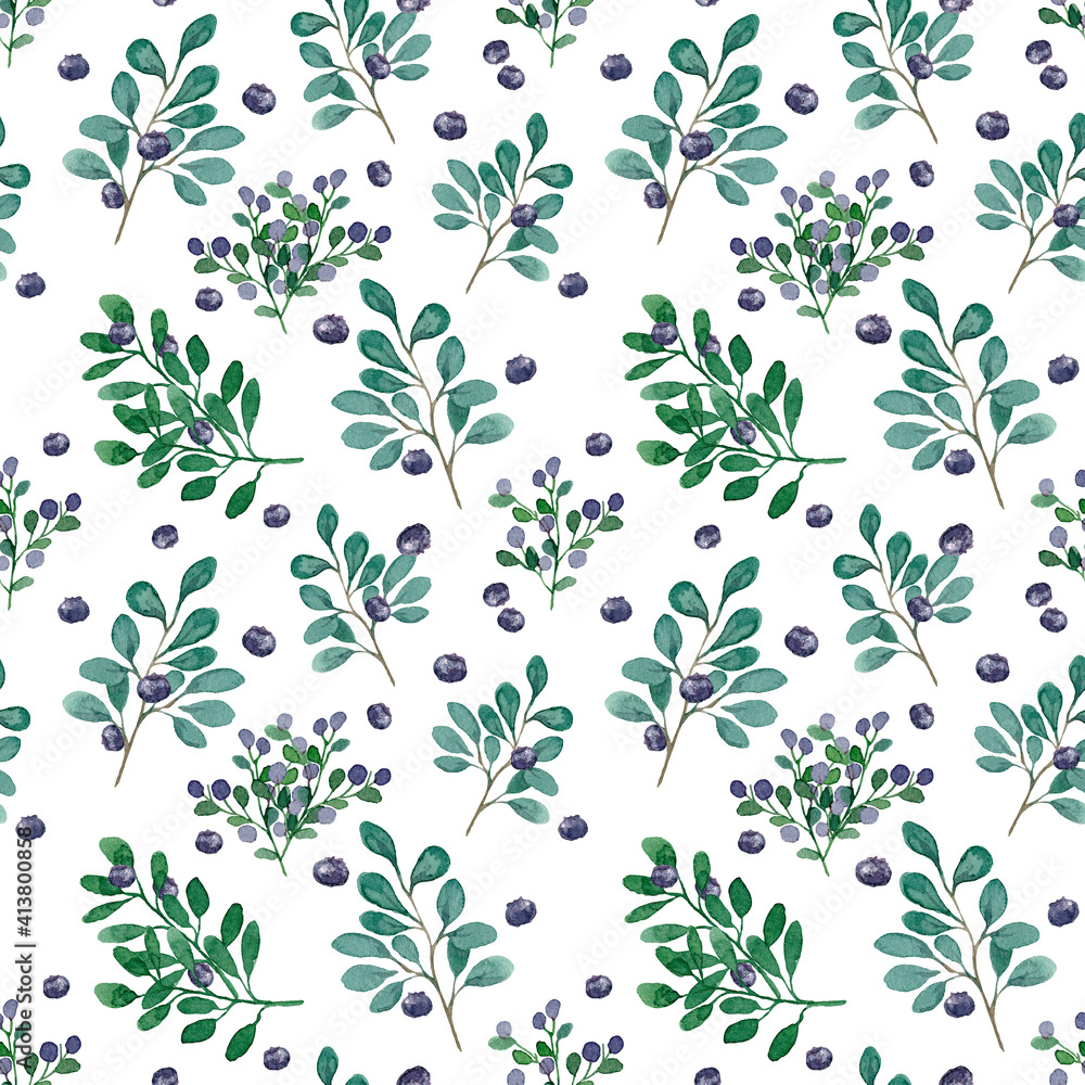 A pattern of twigs, leaves, and blueberries. Watercolour. A pattern of twigs, leaves, and blueberries. Watercolour.