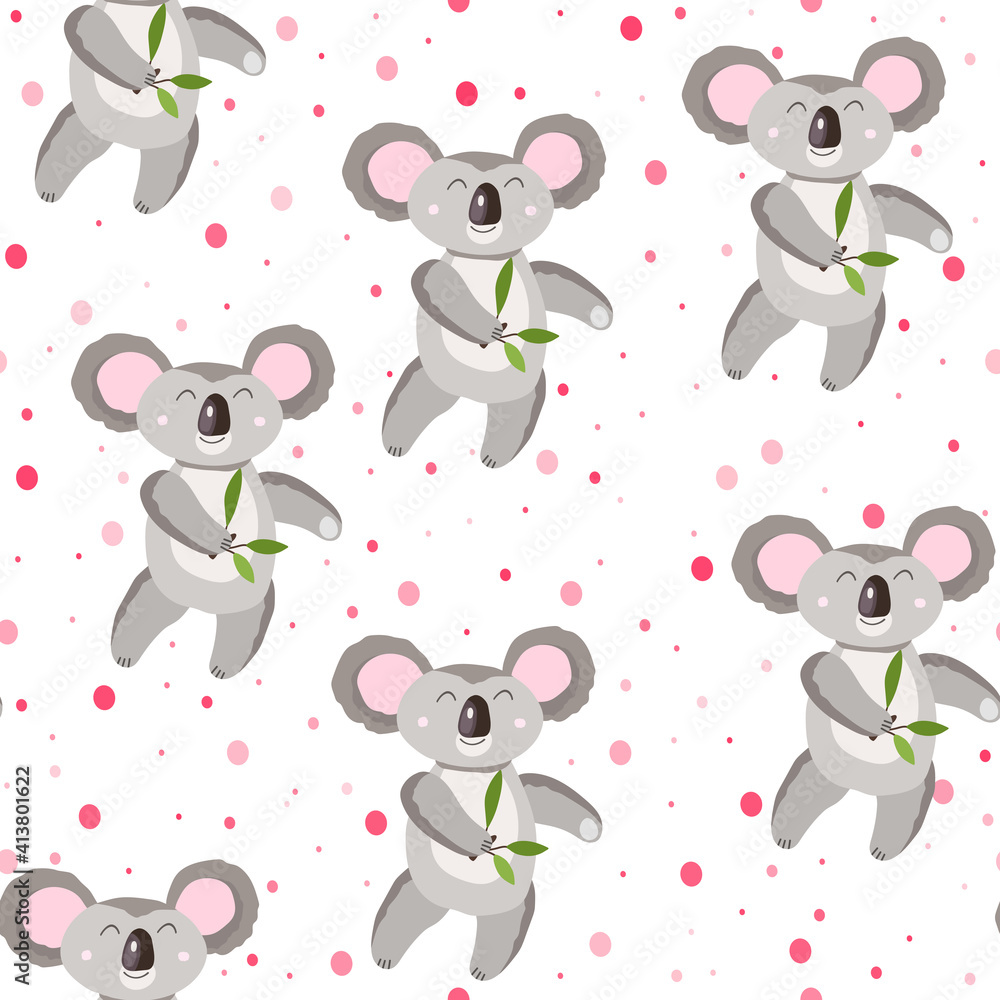 Fototapeta premium Seamless pattern with cute koala baby and hearts on white polka dots background. Funny australian animals. Card, postcards for kids. Flat vector illustration for fabric, textile, wallpaper, paper.