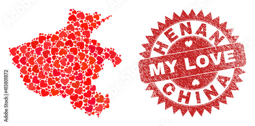 Vector mosaic Henan Province map of love heart items and grunge My Love seal stamp. Mosaic geographic Henan Province map designed using lovely hearts.