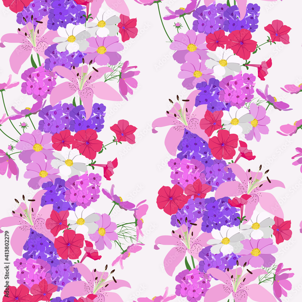 Seamless vector illustration with gentle kosmea flowers, petunia, lily in a white background.