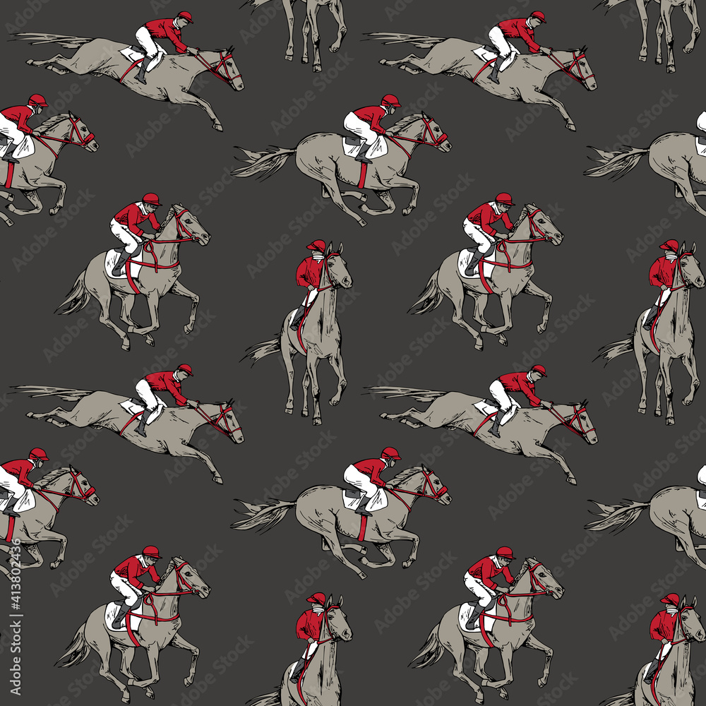Seamless wallpaper pattern. The running beautiful horse and rider. Textile composition, hand drawn style print. Vector illustration.